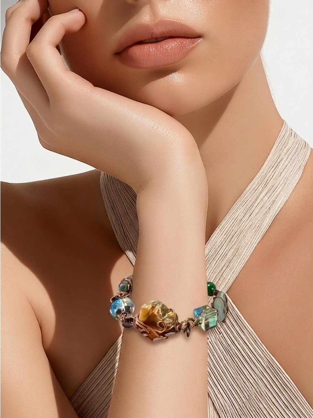 Artisan Murano Glass & Gemstones Multicolor Bracelet Hand Crafted
